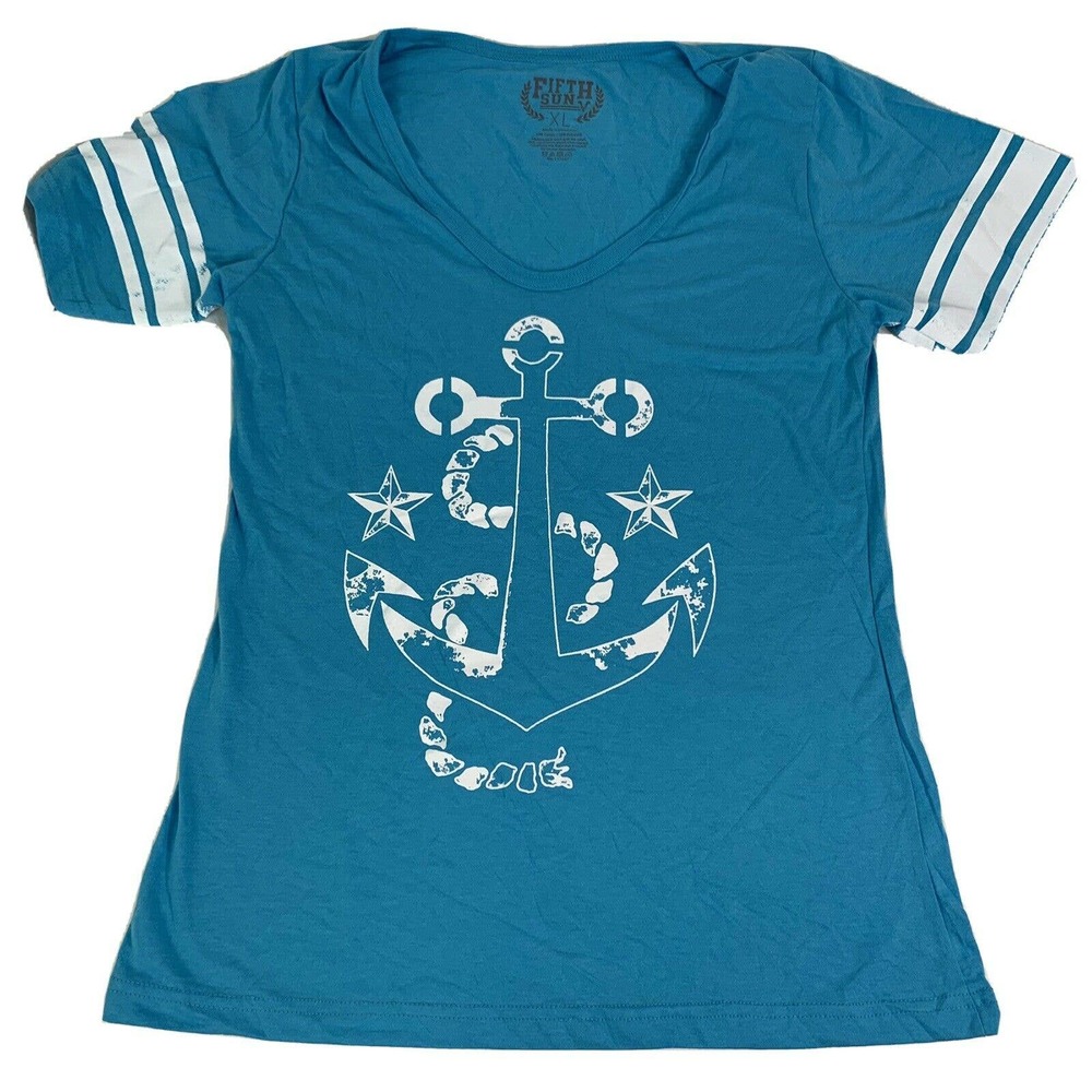 NWOT Fifth Sun Turquoise Anchor Sea Shell Ringer T-Shirt, Size XL (Junior)